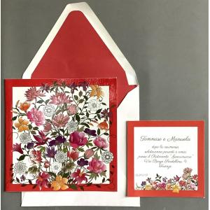 Partecipazione nozze con fiori colorati bordo rosso